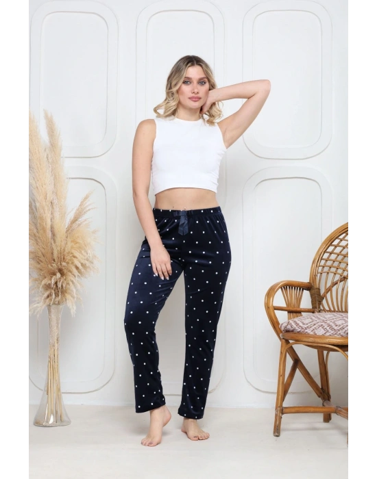 Kadife pijama altı lacivert üzerine beyaz Pontiye desenli q7013