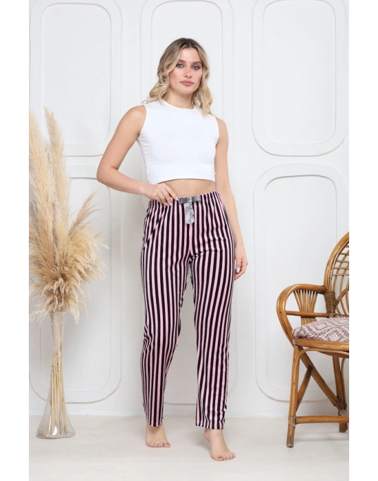 Kadife pijama altı pembe üstüne siyah çizgi desenli q7013