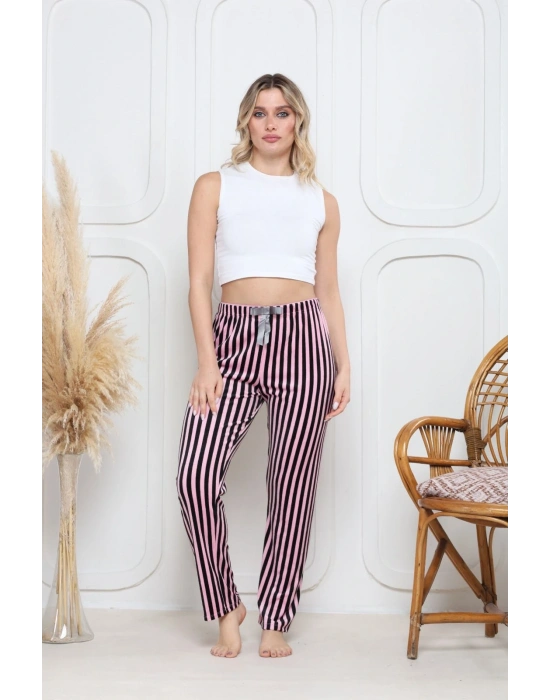 Kadife pijama altı pembe üstüne siyah çizgi desenli q7013