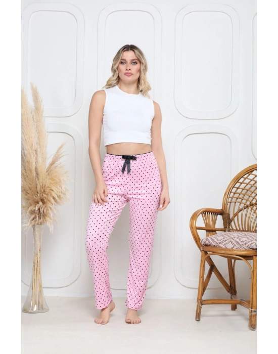 Kadife pijama altı pembe üzerine siyah pontiye desenli q7013