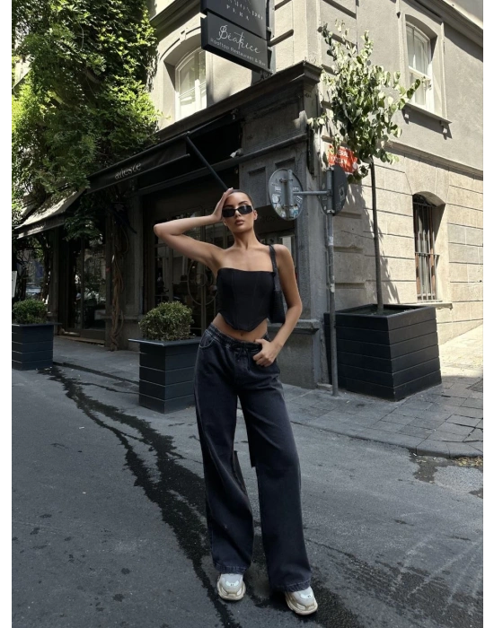 Kadın Arkadan Yırtmaçlı Jeans Kot Palazzo Pantolon - Siyah