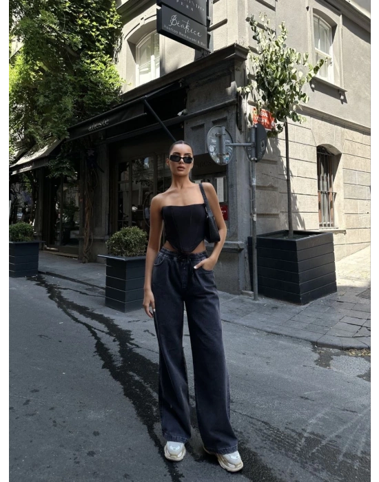 Kadın Arkadan Yırtmaçlı Jeans Kot Palazzo Pantolon - Siyah