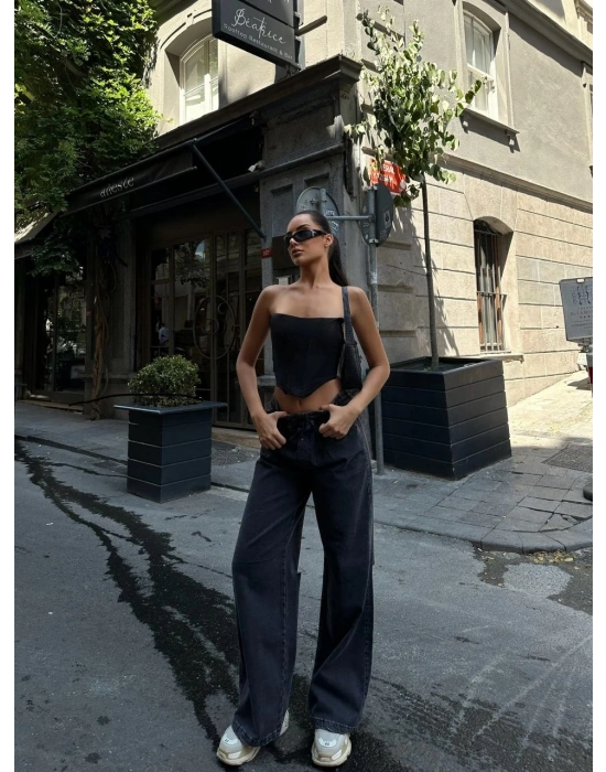 Kadın Arkadan Yırtmaçlı Jeans Kot Palazzo Pantolon - Siyah