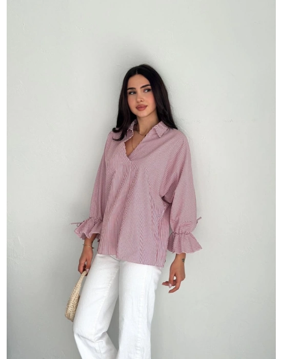 Kadın Arkası Asimetrik Yırtmaç Kesim Detaylı Cizgili Bluz Gömlek - Bordo