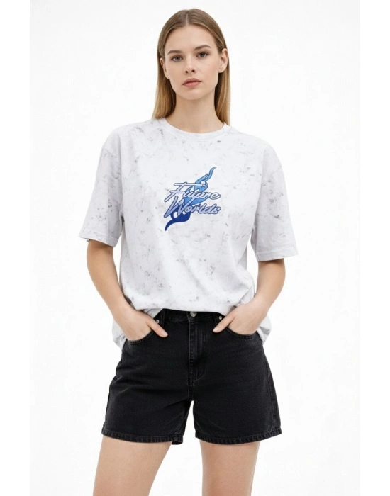 Kadın Asit Yıkamalı Oversize Tişört Future Worlds Baskılı Bisiklet Yaka Kısa Kollu Streetwear %100 Pamuk Street Style T-Shirt - Beyaz