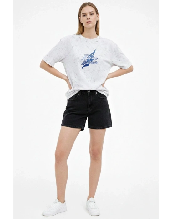 Kadın Asit Yıkamalı Oversize Tişört Future Worlds Baskılı Bisiklet Yaka Kısa Kollu Streetwear %100 Pamuk Street Style T-Shirt - Beyaz