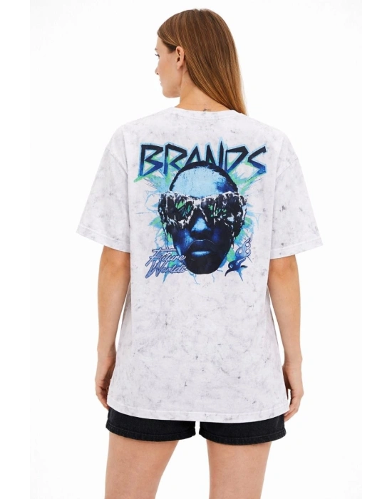 Kadın Asit Yıkamalı Oversize Tişört Future Worlds Baskılı Bisiklet Yaka Kısa Kollu Streetwear %100 Pamuk Street Style T-Shirt - Beyaz