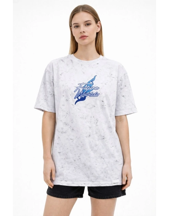 Kadın Asit Yıkamalı Oversize Tişört Future Worlds Baskılı Bisiklet Yaka Kısa Kollu Streetwear %100 Pamuk Street Style T-Shirt - Beyaz