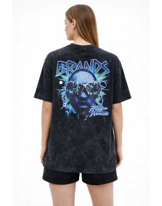 Kadın Asit Yıkamalı Oversize Tişört Future Worlds Baskılı Bisiklet Yaka Kısa Kollu Streetwear %100 Pamuk Street Style T-Shirt - Siyah