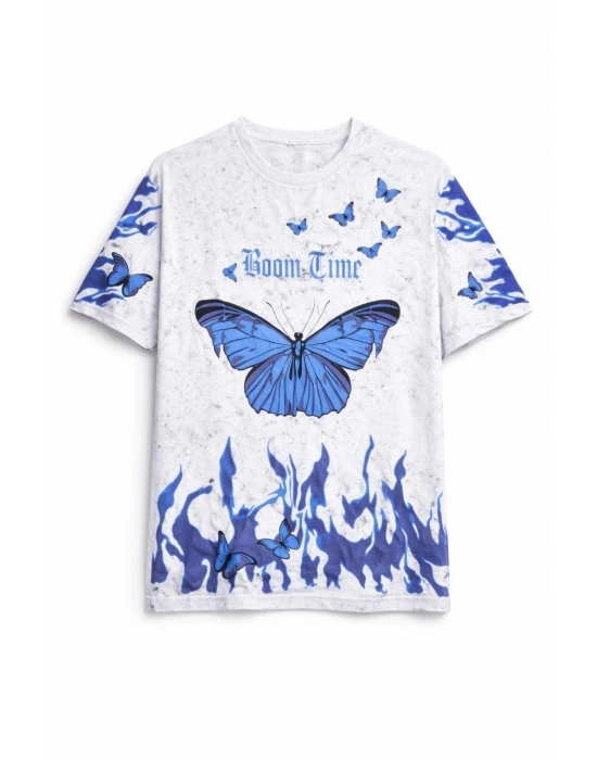 Kadın Asit Yıkamalı Oversize Tişört Mavi Kelebek Baskılı Dijital Print Bisiklet Yaka Streetwear T-Shirt - Beyaz