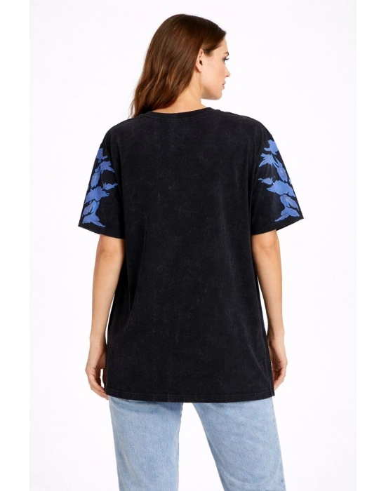 Kadın Asit Yıkamalı Oversize Tişört Mavi Kelebek Baskılı Dijital Print Bisiklet Yaka Streetwear T-Shirt - Siyah