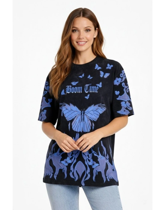 Kadın Asit Yıkamalı Oversize Tişört Mavi Kelebek Baskılı Dijital Print Bisiklet Yaka Streetwear T-Shirt - Siyah