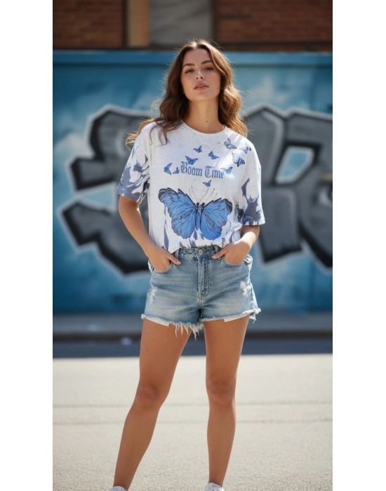 Kadın Asit Yıkamalı Oversize Tişört Mavi Kelebek Baskılı Dijital Print Bisiklet Yaka Streetwear T-Shirt - Beyaz