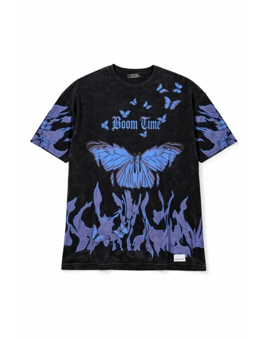 Kadın Asit Yıkamalı Oversize Tişört Mavi Kelebek Baskılı Dijital Print Bisiklet Yaka Streetwear T-Shirt - Siyah