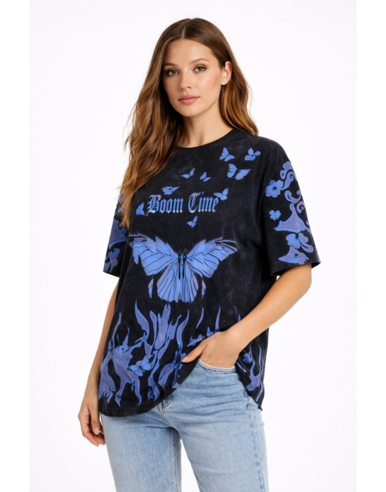 Kadın Asit Yıkamalı Oversize Tişört Mavi Kelebek Baskılı Dijital Print Bisiklet Yaka Streetwear T-Shirt - Siyah