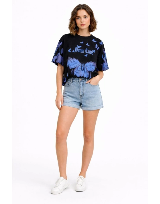 Kadın Asit Yıkamalı Oversize Tişört Mavi Kelebek Baskılı Dijital Print Bisiklet Yaka Streetwear T-Shirt - Siyah