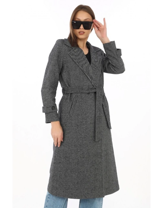 Kadın Astarlı Balık Sırtı Kaşmir Kaşe Kaban - Füme