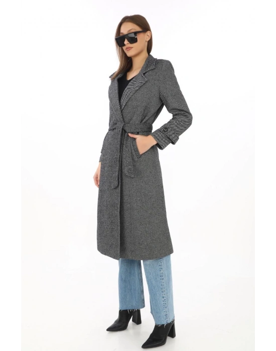 Kadın Astarlı Balık Sırtı Kaşmir Kaşe Kaban - Füme