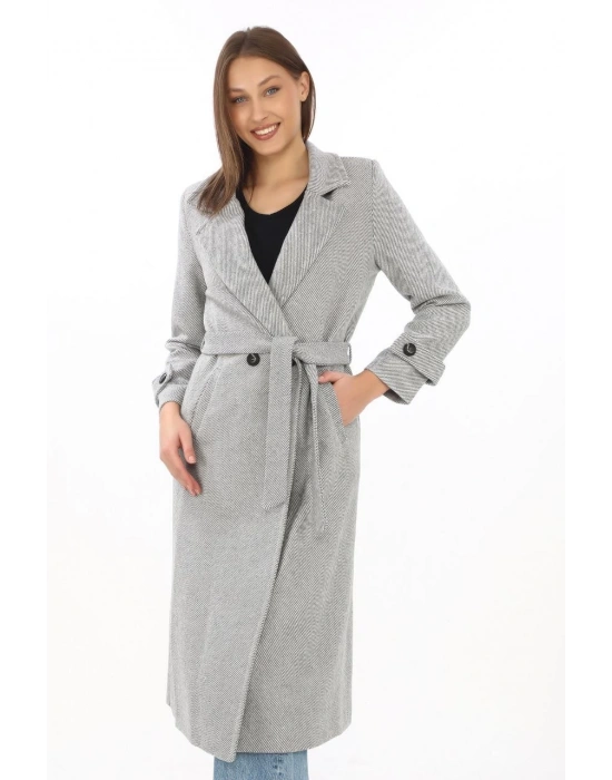 Kadın Astarlı Balık Sırtı Kaşmir Kaşe Kaban - Gri