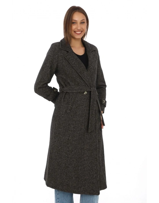 Kadın Astarlı Balık Sırtı Kaşmir Kaşe Kaban - Kahverengi