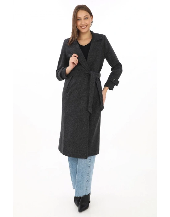 Kadın Astarlı Balık Sırtı Kaşmir Kaşe Kaban - Siyah