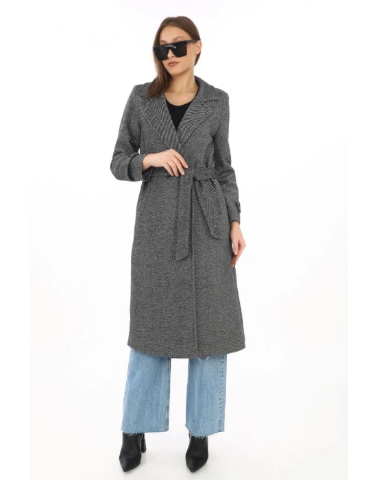 Kadın Balık Sırtı Kaşe Kaban – Uzun Boy Kruvaze Yaka Kuşaklı Astarlı Kışlık Tesettür Kaban, Yünlü Dokuma Kaşmir Kumaş, Cepli Rahat Oversize Kalıp Şık Modern Kaban Mont Modeli (Günlük ve Özel Gün Kombinlerine Uygun) - Füme