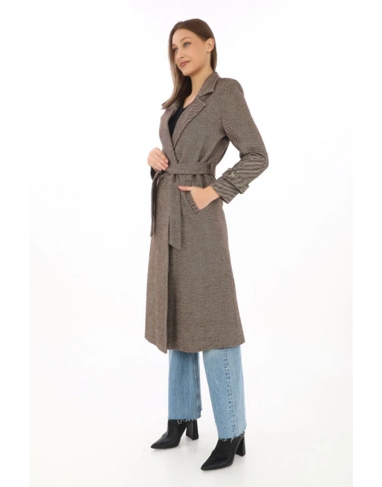 Kadın Balık Sırtı Kaşe Kaban – Uzun Boy Kruvaze Yaka Kuşaklı Astarlı Kışlık Tesettür Kaban, Yünlü Dokuma Kaşmir Kumaş, Cepli Rahat Oversize Kalıp Şık Modern Kaban Mont Modeli (Günlük ve Özel Gün Kombinlerine Uygun) - Vizon