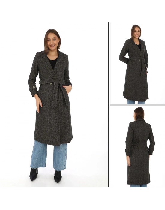 Kadın Balık Sırtı Kaşe Kaban – Uzun Boy Kruvaze Yaka Kuşaklı Astarlı Kışlık Tesettür Kaban, Yünlü Dokuma Kaşmir Kumaş, Cepli Rahat Oversize Kalıp Şık Modern Kaban Mont Modeli (Günlük ve Özel Gün Kombinlerine Uygun) - Kahverengi