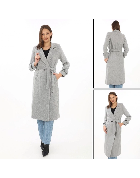 Kadın Balık Sırtı Kaşe Kaban – Uzun Boy Kruvaze Yaka Kuşaklı Astarlı Kışlık Tesettür Kaban, Yünlü Dokuma Kaşmir Kumaş, Cepli Rahat Oversize Kalıp Şık Modern Kaban Mont Modeli (Günlük ve Özel Gün Kombinlerine Uygun) - Gri