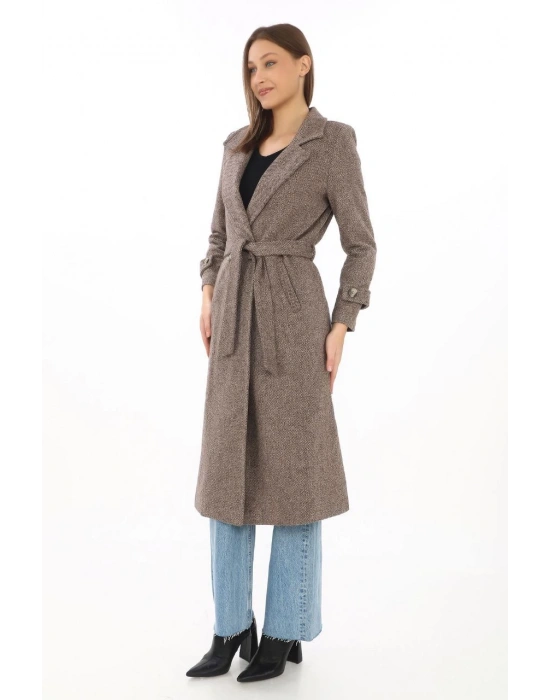 Kadın Balık Sırtı Kaşe Kaban – Uzun Boy Kruvaze Yaka Kuşaklı Astarlı Kışlık Tesettür Kaban, Yünlü Dokuma Kaşmir Kumaş, Cepli Rahat Oversize Kalıp Şık Modern Kaban Mont Modeli (Günlük ve Özel Gün Kombinlerine Uygun) - Vizon