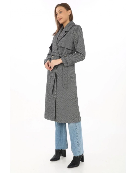 Kadın Balık Sırtı Kaşmir Uzun Kaşe Kaban - Boyalı Gri