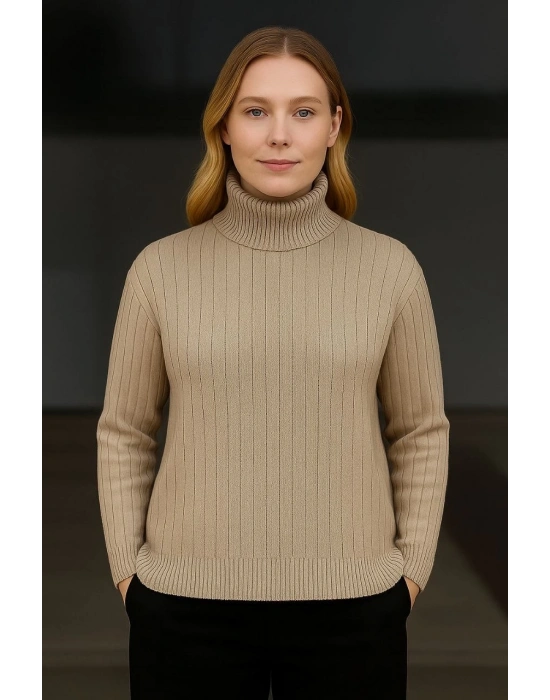 Kadın Balıkcı Yaka Bağazlı Triko Kazak Pamuklu Kalın Fitilli Dokuma - Bej