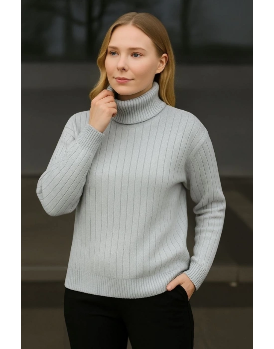 Kadın Balıkcı Yaka Bağazlı Triko Kazak Pamuklu Kalın Fitilli Dokuma - Gri