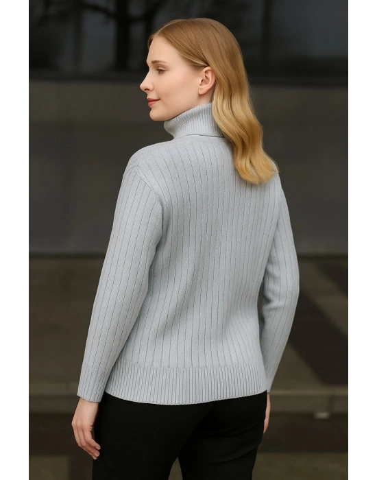 Kadın Balıkcı Yaka Bağazlı Triko Kazak Pamuklu Kalın Fitilli Dokuma - Gri