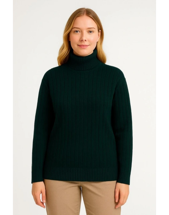 Kadın Balıkcı Yaka Bağazlı Triko Kazak Pamuklu Kalın Fitilli Dokuma - Haki