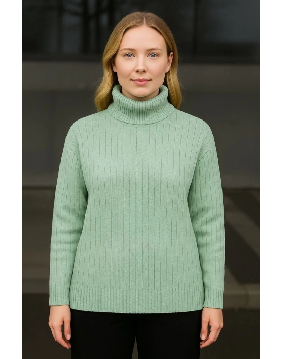 Kadın Balıkcı Yaka Bağazlı Triko Kazak Pamuklu Kalın Fitilli Dokuma - Mint Yeşili