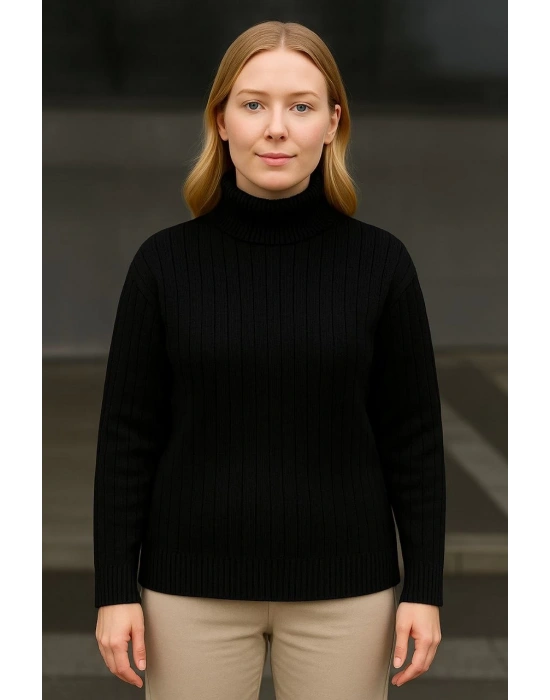 Kadın Balıkcı Yaka Bağazlı Triko Kazak Pamuklu Kalın Fitilli Dokuma - Siyah