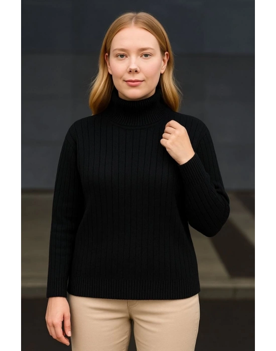 Kadın Balıkcı Yaka Bağazlı Triko Kazak Pamuklu Kalın Fitilli Dokuma - Siyah