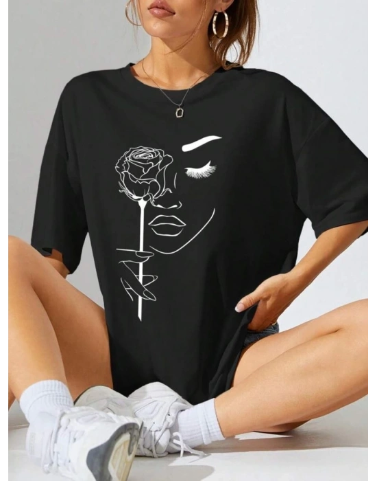 Kadın Baskılı Oversize T-shirt - Siyah