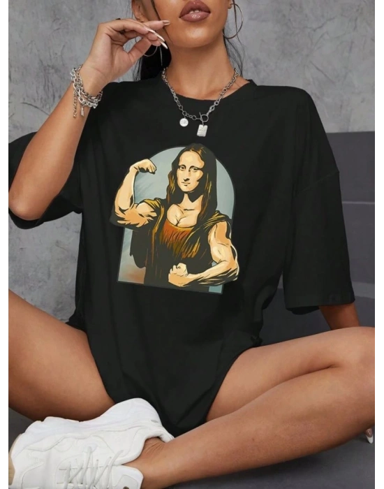 Kadın Baskılı Oversize T-shirt - Siyah