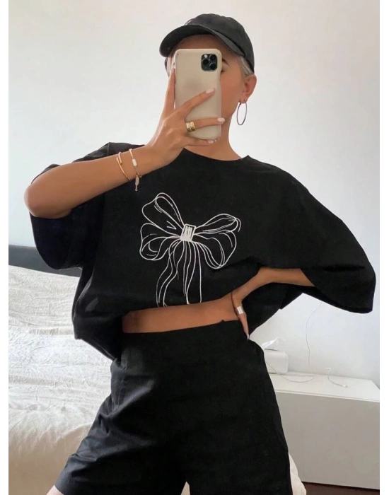 Kadın Baskılı Oversize T-shirt - Siyah