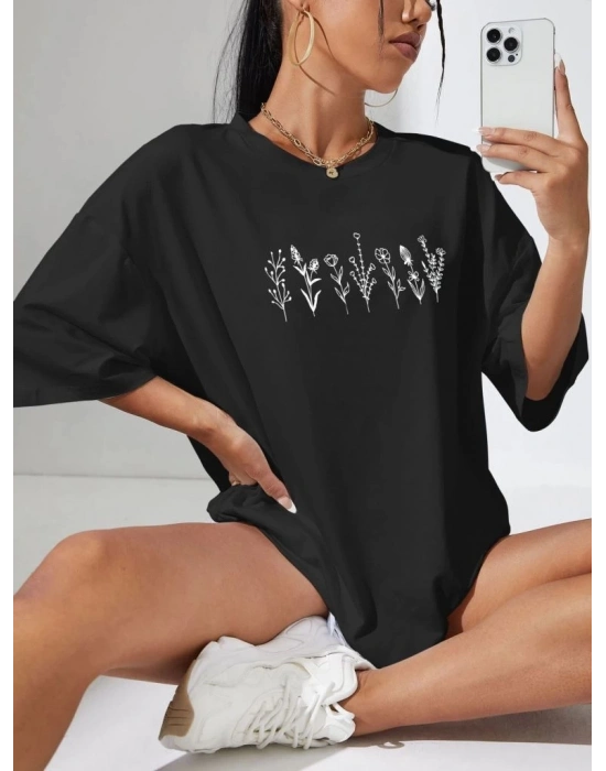 Kadın Baskılı Oversize T-shirt - Siyah