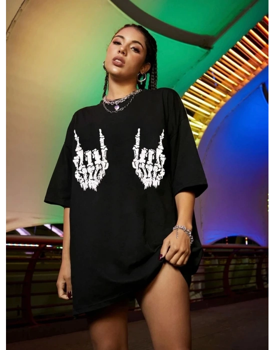 Kadın Baskılı Oversize T-shirt - Siyah