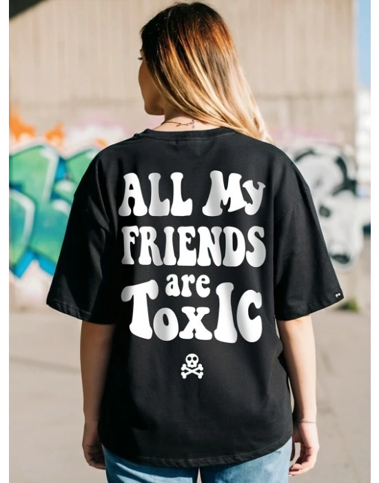 Kadın Baskılı Oversize T-shirt - Siyah