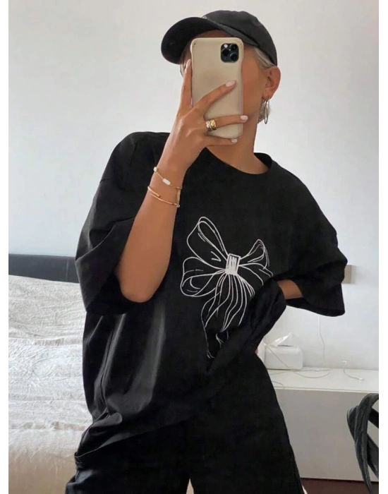 Kadın Baskılı Oversize T-shirt - Siyah