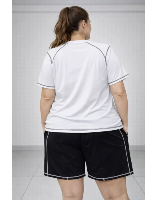 Kadın Battal Beden Kısa Kollu Tişört Şort Takım Kontrast Dikiş Detaylı Günlük Ev Giyimi - Beyaz