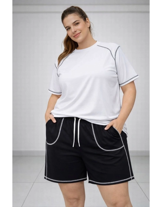 Kadın Battal Beden Kısa Kollu Tişört Şort Takım Kontrast Dikiş Detaylı Günlük Ev Giyimi - Beyaz