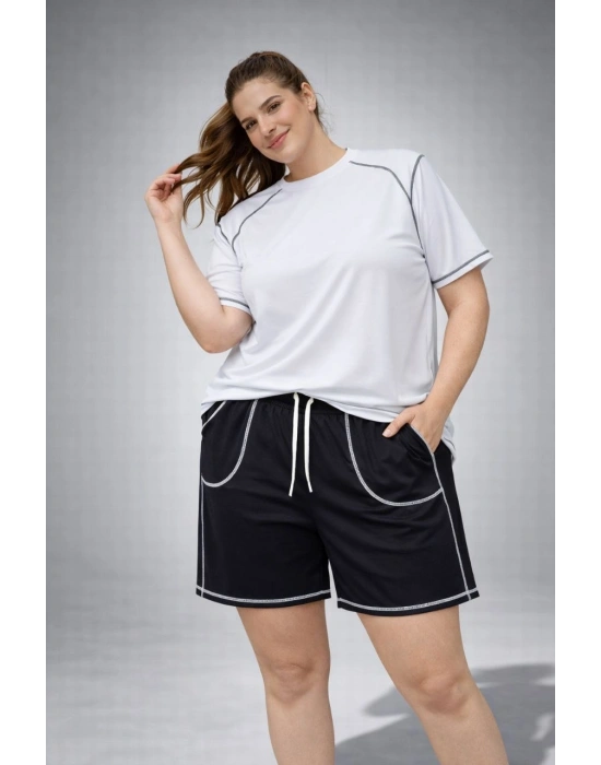 Kadın Battal Beden Kısa Kollu Tişört Şort Takım Kontrast Dikiş Detaylı Günlük Ev Giyimi - Beyaz