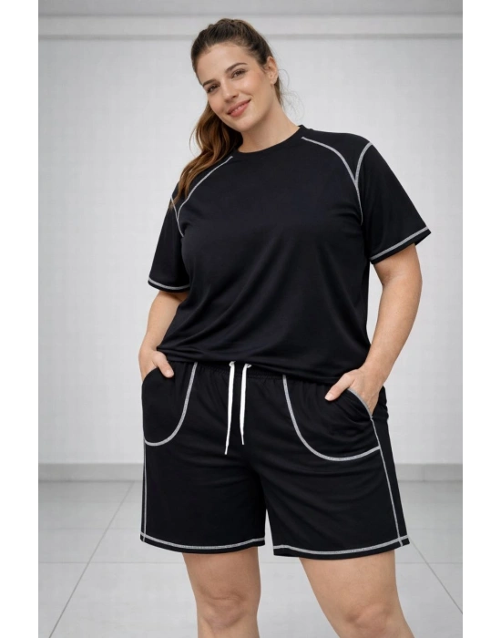 Kadın Battal Beden Kısa Kollu Tişört Şort Takım Kontrast Dikiş Detaylı Günlük Ev Giyimi - Siyah
