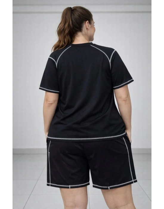 Kadın Battal Beden Kısa Kollu Tişört Şort Takım Kontrast Dikiş Detaylı Günlük Ev Giyimi - Siyah